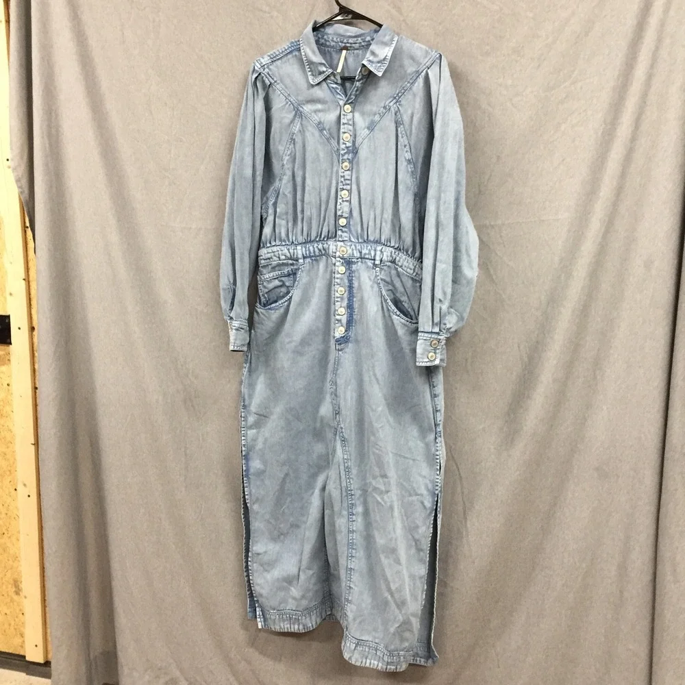 Free People Light Wash Denim Maxi Dress Western Button Down Blue Large OB1879828